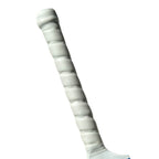 Close-up view of white ridged rubber grip on a junior cricket bat handle.