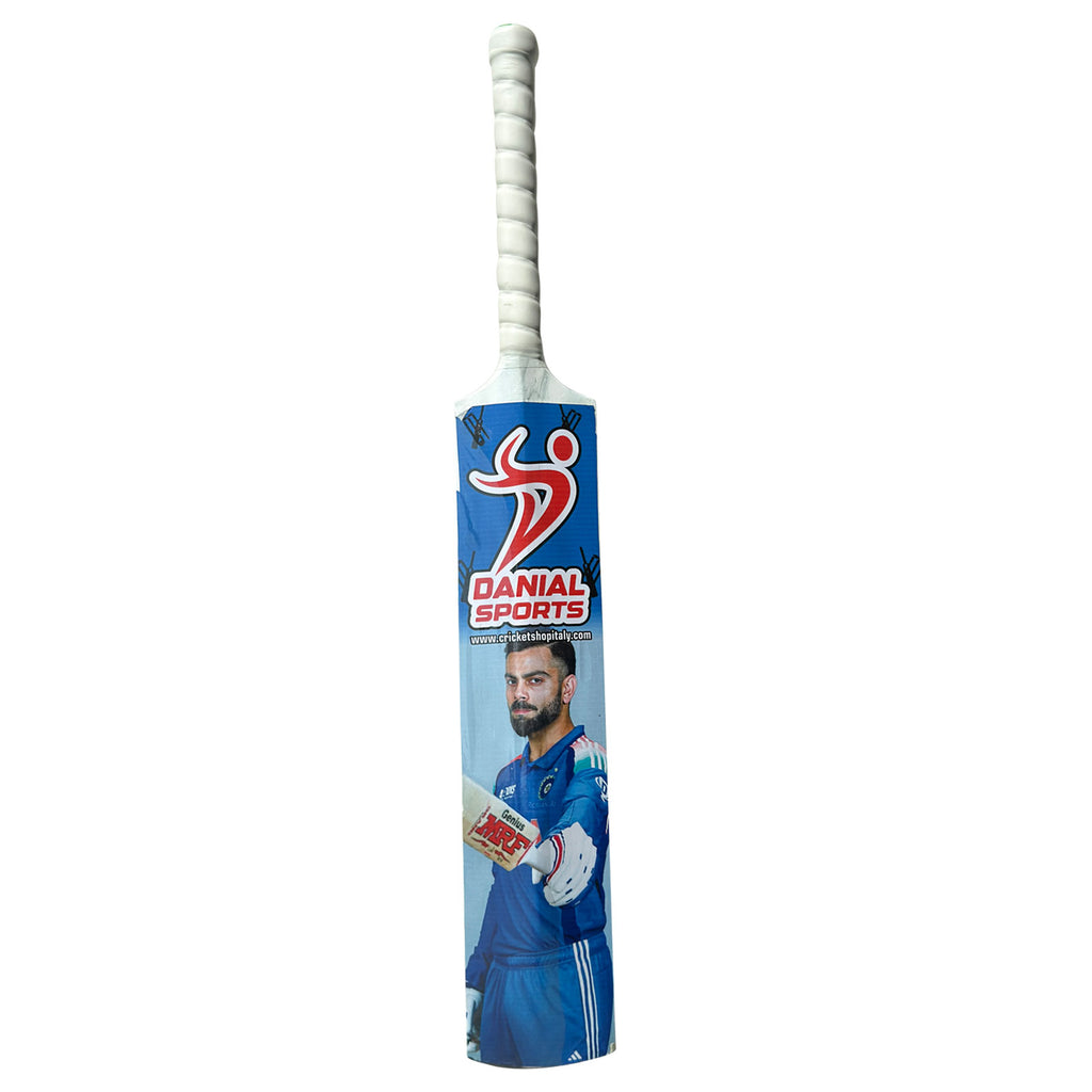 Danial Sports junior cricket bat full length showing Virat Kohli graphic with MRF bat and website branding on pure white background.