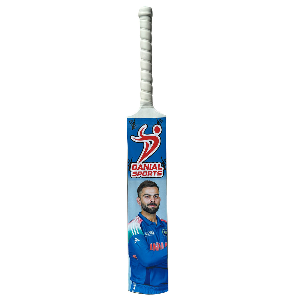 Danial Sports junior cricket bat with white spiral grip and blue Virat Kohli graphic print.