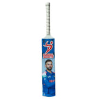 Danial Sports junior cricket bat with white spiral grip and blue Virat Kohli graphic print.