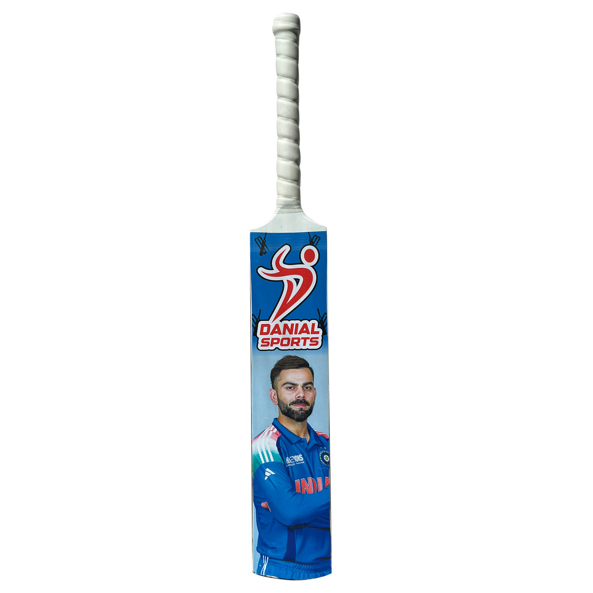Danial Sports junior cricket bat with white spiral grip and blue Virat Kohli graphic print.