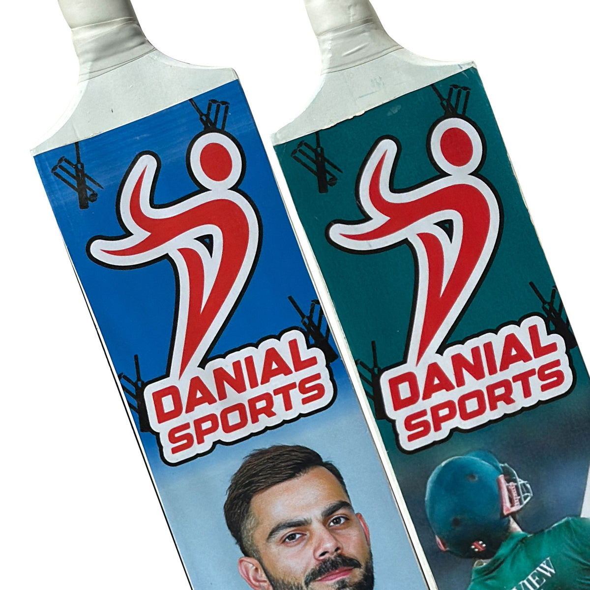 Close-up of Danial Sports junior cricket bat stickers showing blue and green edition logos and player graphics.