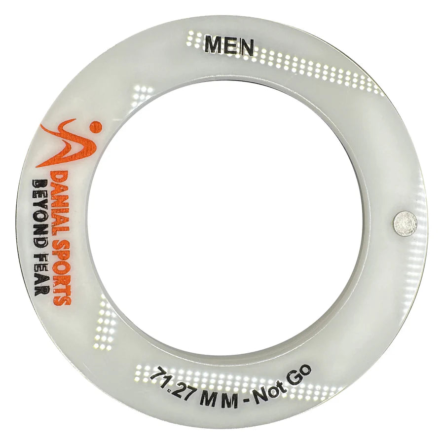 Umpire’s hand holding the durable DS ball sizer tool next to a match ball.