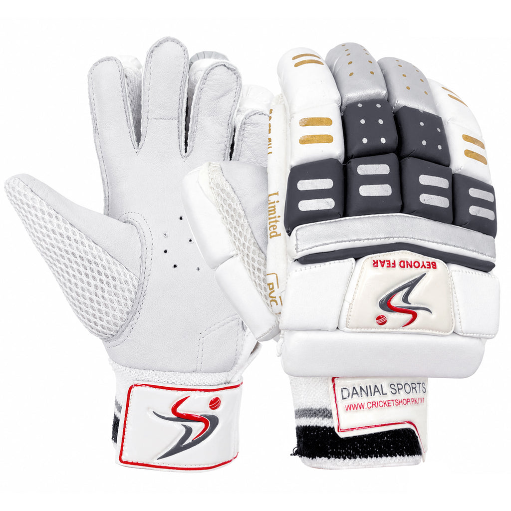 Pair of Ds BLK SLV cricket batting gloves showcasing both palm and front protective padding.