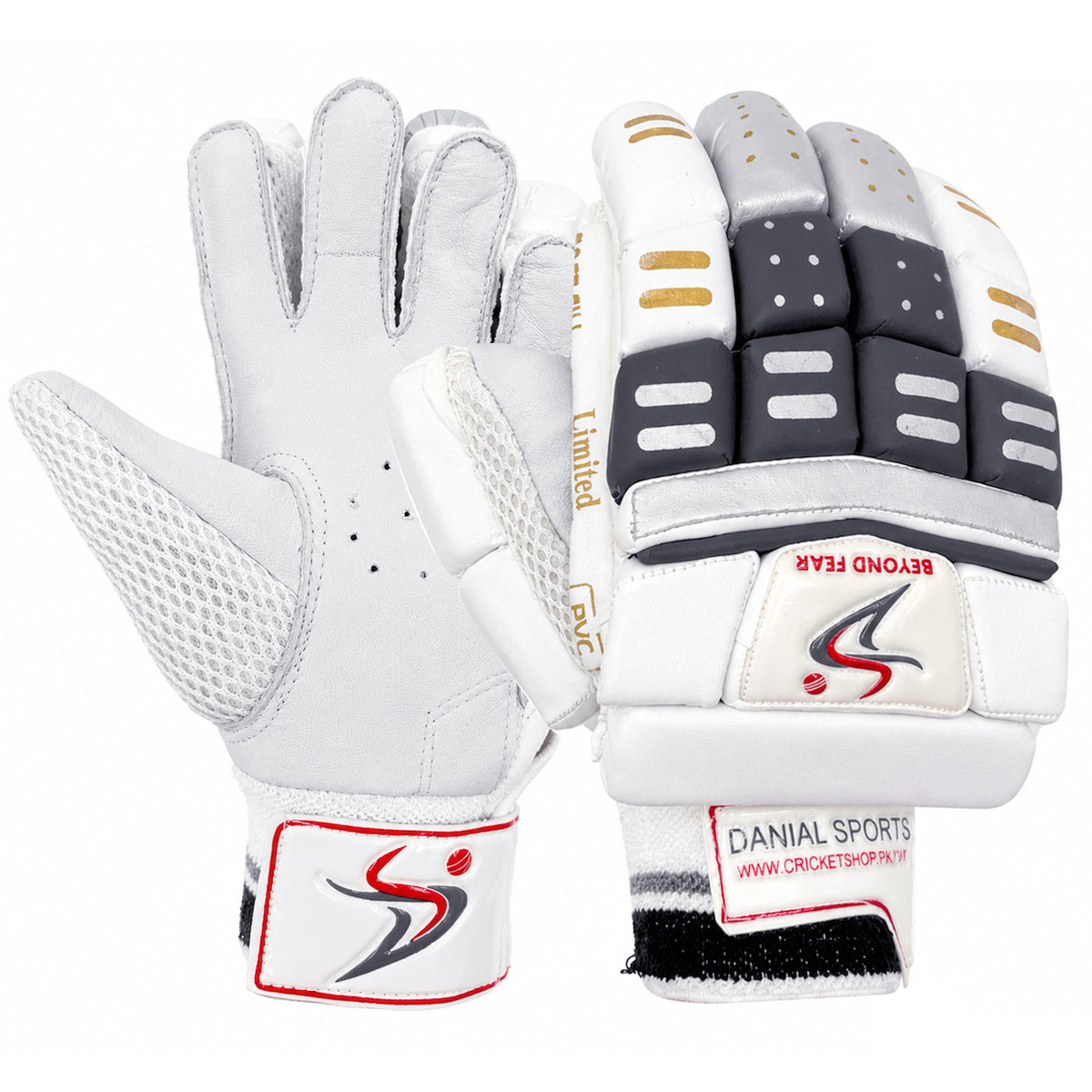 Pair of Ds BLK SLV cricket batting gloves showcasing both palm and front protective padding.