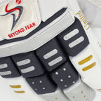 Close-up of the black and silver finger rolls on the Ds BLKSLV cricket batting glove.