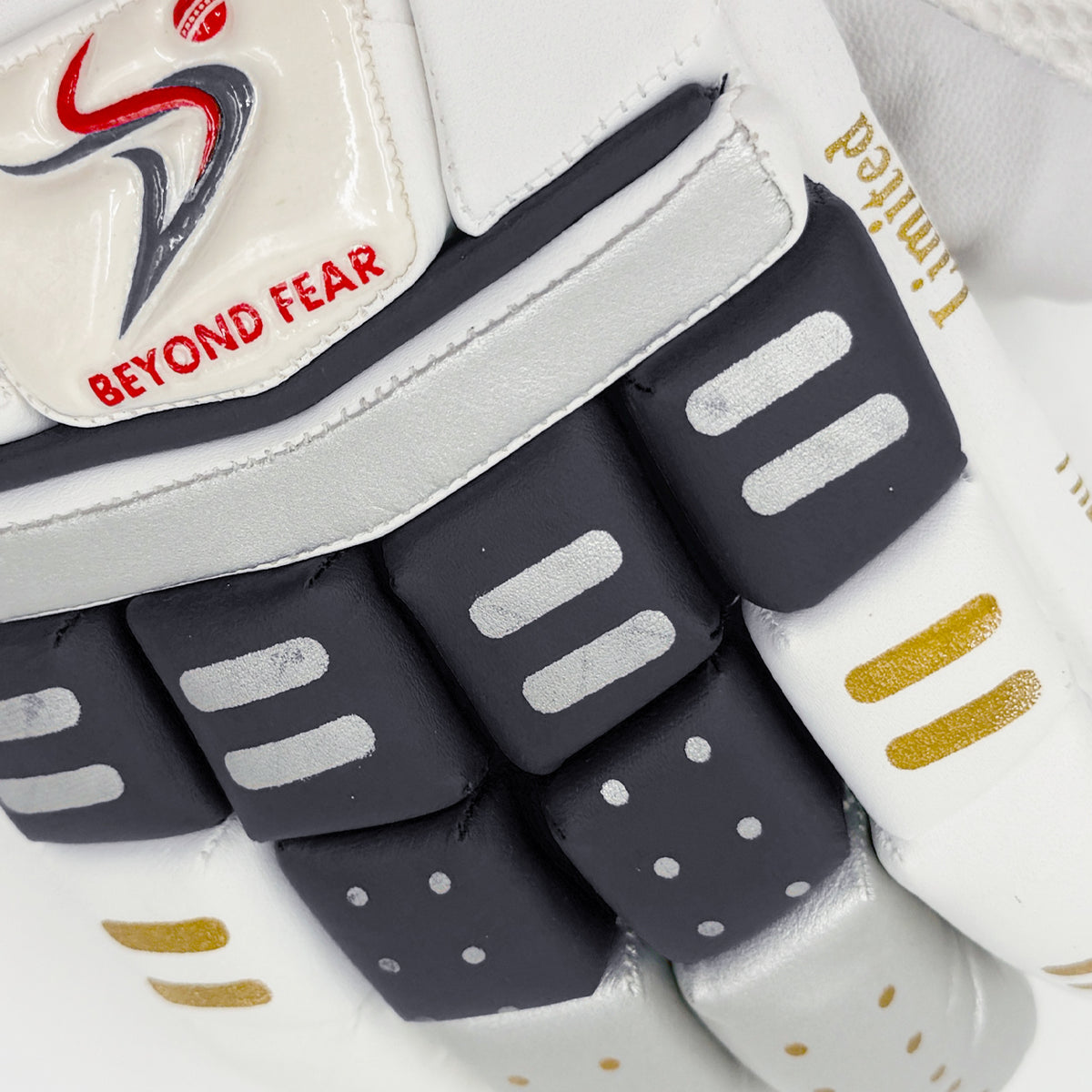 Close-up of the black and silver finger rolls on the Ds BLKSLV cricket batting glove.