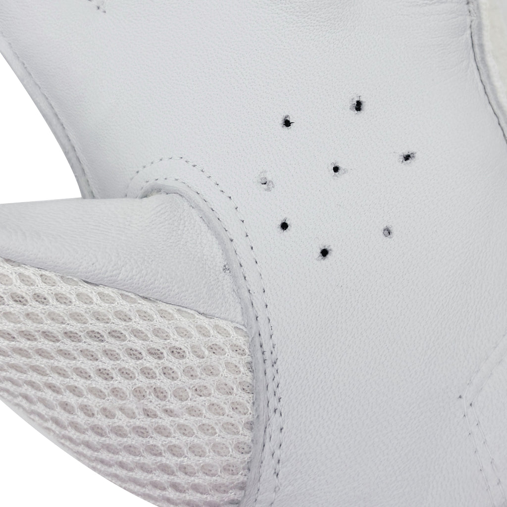 Detailed close-up of the palm ventilation holes and mesh thumb panel on the batting glove.