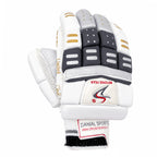 Side profile of Ds BLKSLV cricket batting glove showing black and silver finger padding and Danial Sports wristband.