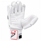 Palm side view of the white leather cricket batting glove with breathable mesh and logo wrist cuff.