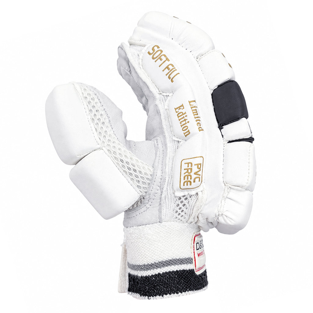 Side view highlighting "Soft Fill", "Limited Edition", and "PVC Free" details on the batting glove.