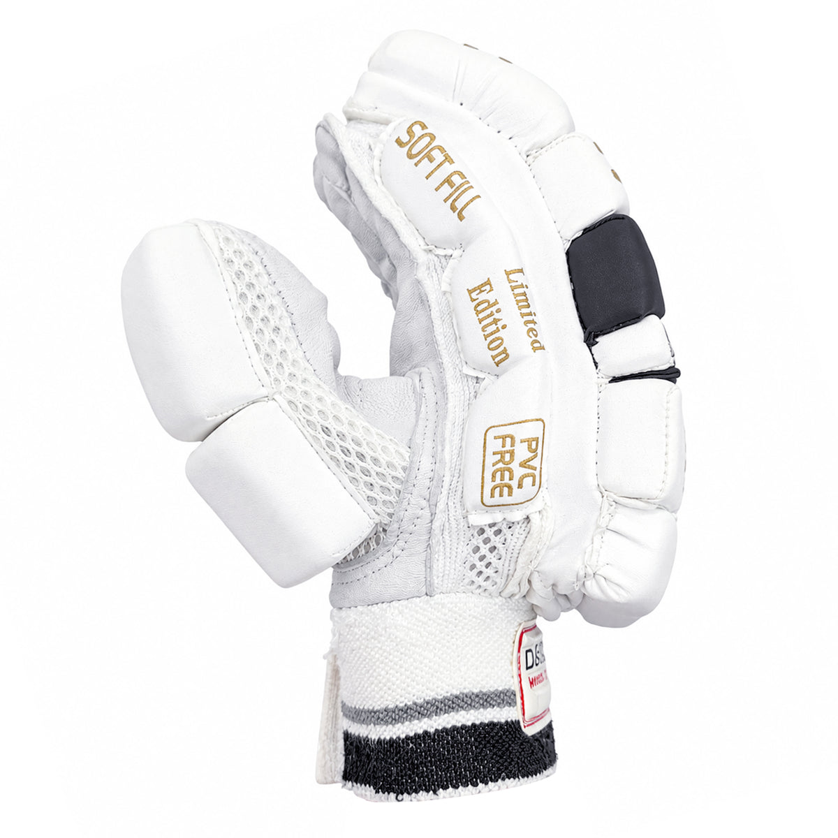Side view highlighting "Soft Fill", "Limited Edition", and "PVC Free" details on the batting glove.
