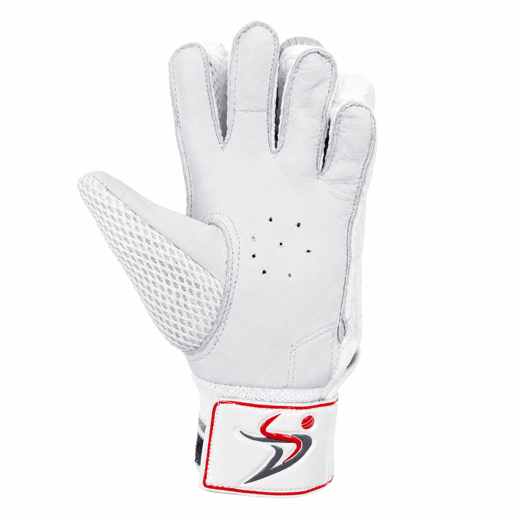 Close-up palm view of the white leather cricket batting glove featuring ventilation and a secure wrist strap.