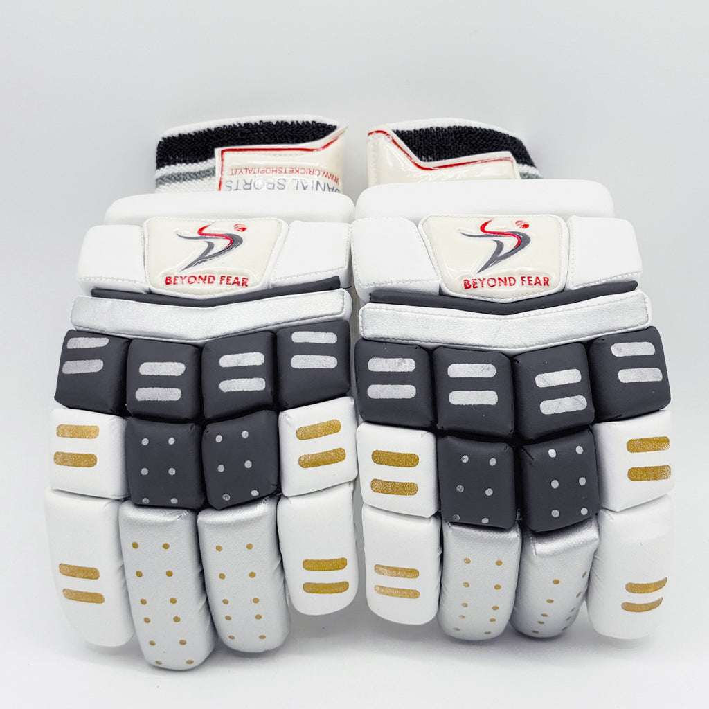 Front-facing view of a pair of Ds BLKSLV cricket batting gloves with black, silver, and gold accents.