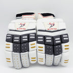 Front-facing view of a pair of Ds BLKSLV cricket batting gloves with black, silver, and gold accents.