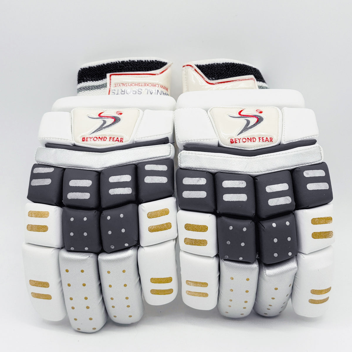 Front-facing view of a pair of Ds BLKSLV cricket batting gloves with black, silver, and gold accents.