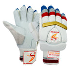 Front protective view of the youth cricket batting glove featuring red, silver, and blue finger blocks.   
