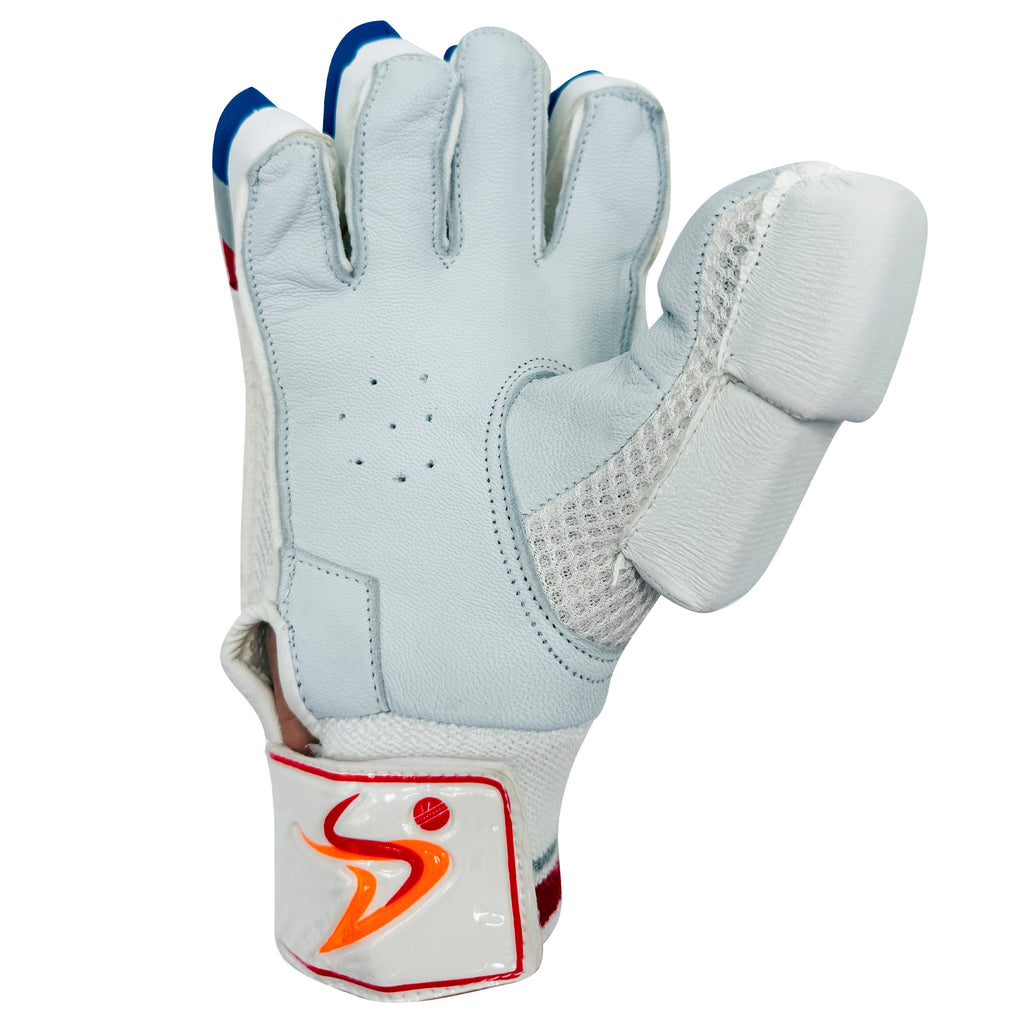 Front view of the red, silver, and blue cricket batting glove showing the Beyond Fear logo and gold bar.