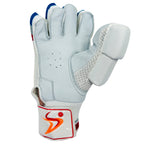 Front view of the red, silver, and blue cricket batting glove showing the Beyond Fear logo and gold bar.