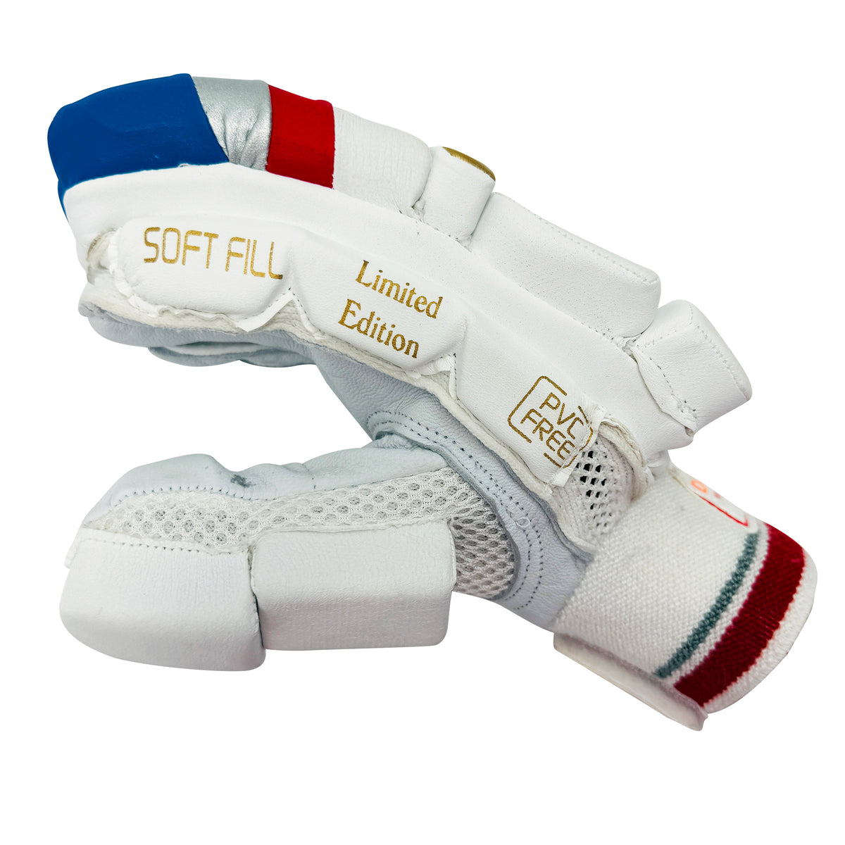 Palm side view of the youth cricket batting glove with breathable mesh and logo wrist cuff.
