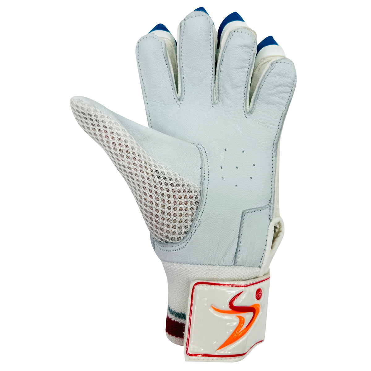  Close-up of the Danial Sports wrist label and branding on the youth cricket glove.   