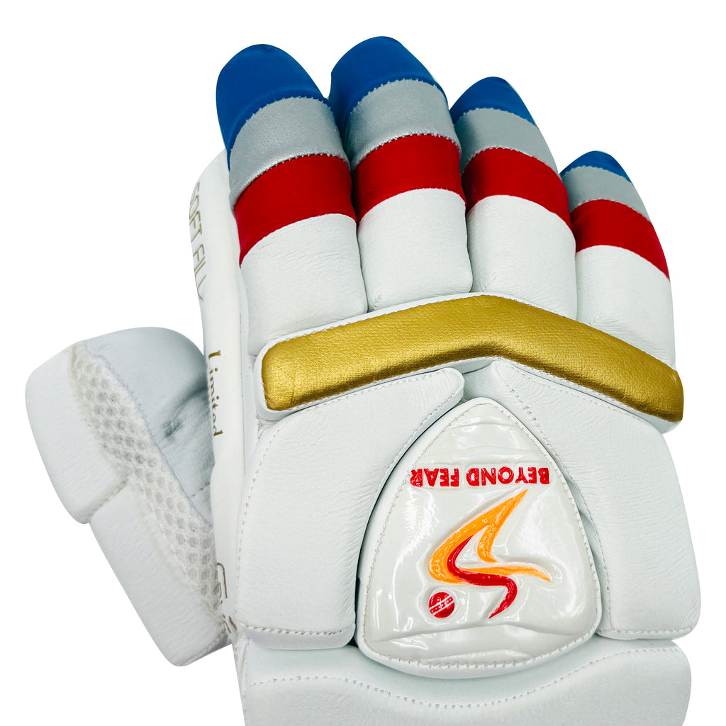 Top-down view of the colorful red, silver, and blue youth batting glove with brand details.