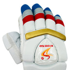 Top-down view of the colorful red, silver, and blue youth batting glove with brand details.