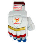 Front-facing pair of red, silver, and blue youth cricket batting gloves with branded wristbands.