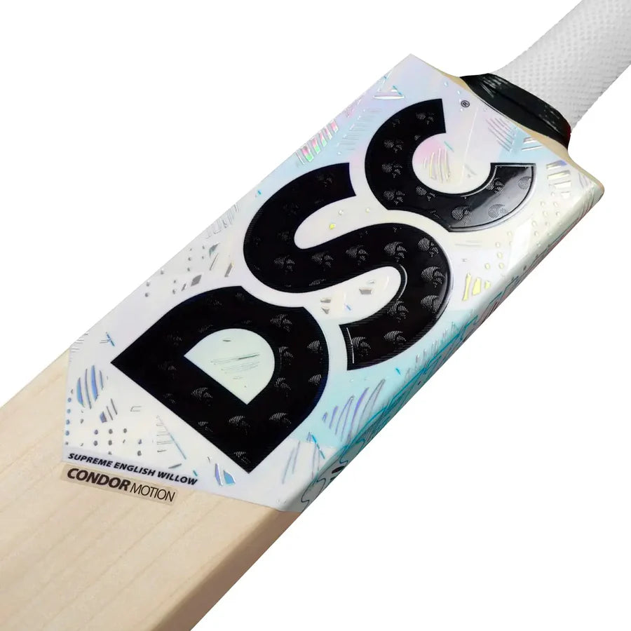 DSC Condor Motion English Willow Cricket Bat side angle displaying blade thickness and edge profile

