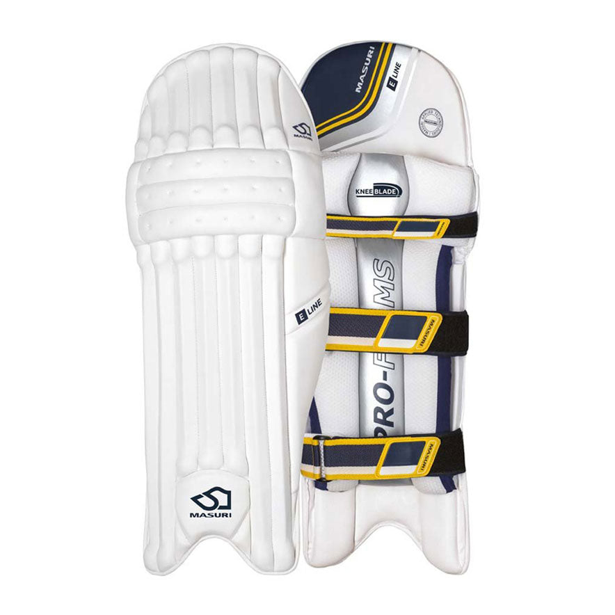 Top inner view of white Masuri E LINE Cricket Batting Pads showing silver Knee Blade and top hat detail.