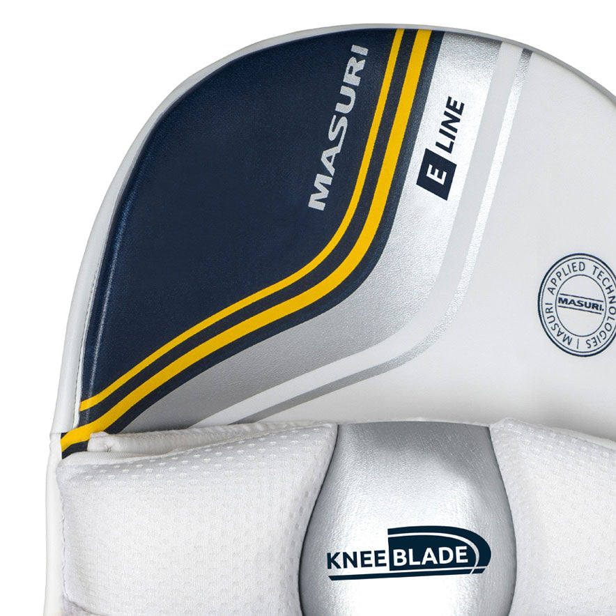 Front and back view of Masuri E LINE Cricket Batting Pads with feature callouts for Knee Blade and Pro-Foams.