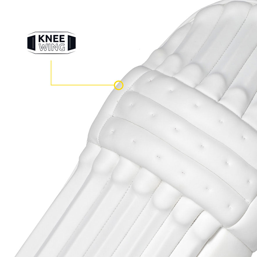 Close-up of white Masuri E LINE Cricket Batting Pads highlighting outer Knee Wing structural padding.