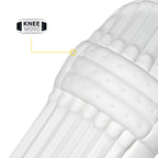 Close-up of white Masuri E LINE Cricket Batting Pads highlighting outer Knee Wing structural padding.