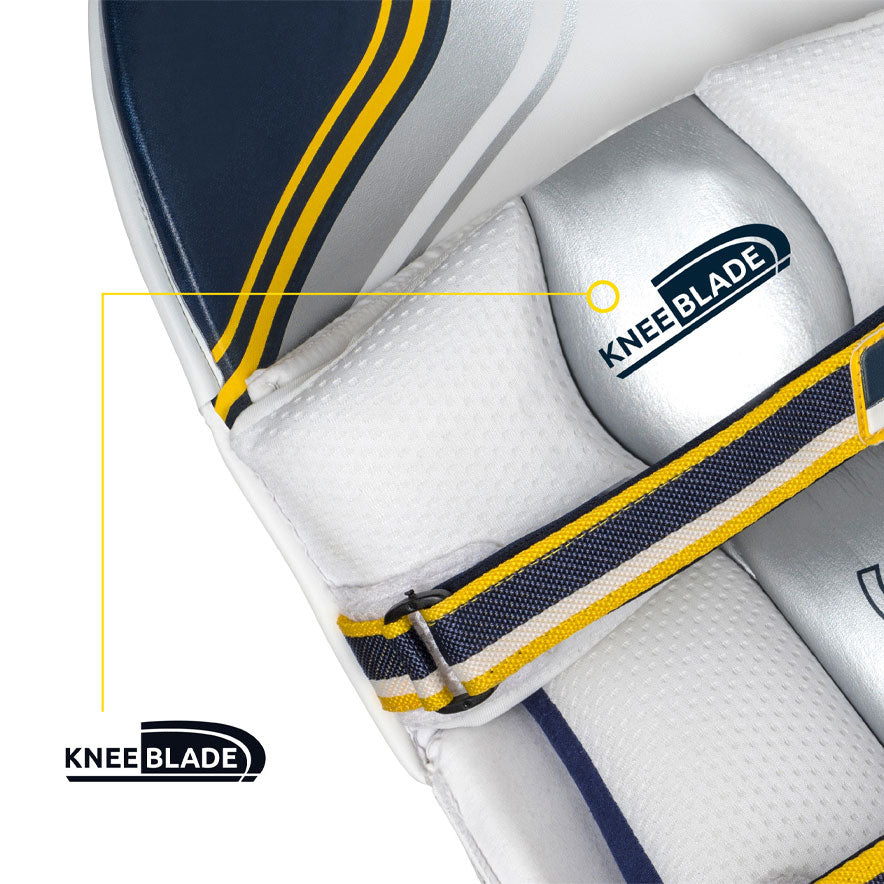 Detailed view of the silver Knee Blade joint protection module on Masuri E LINE Cricket Batting Pads.