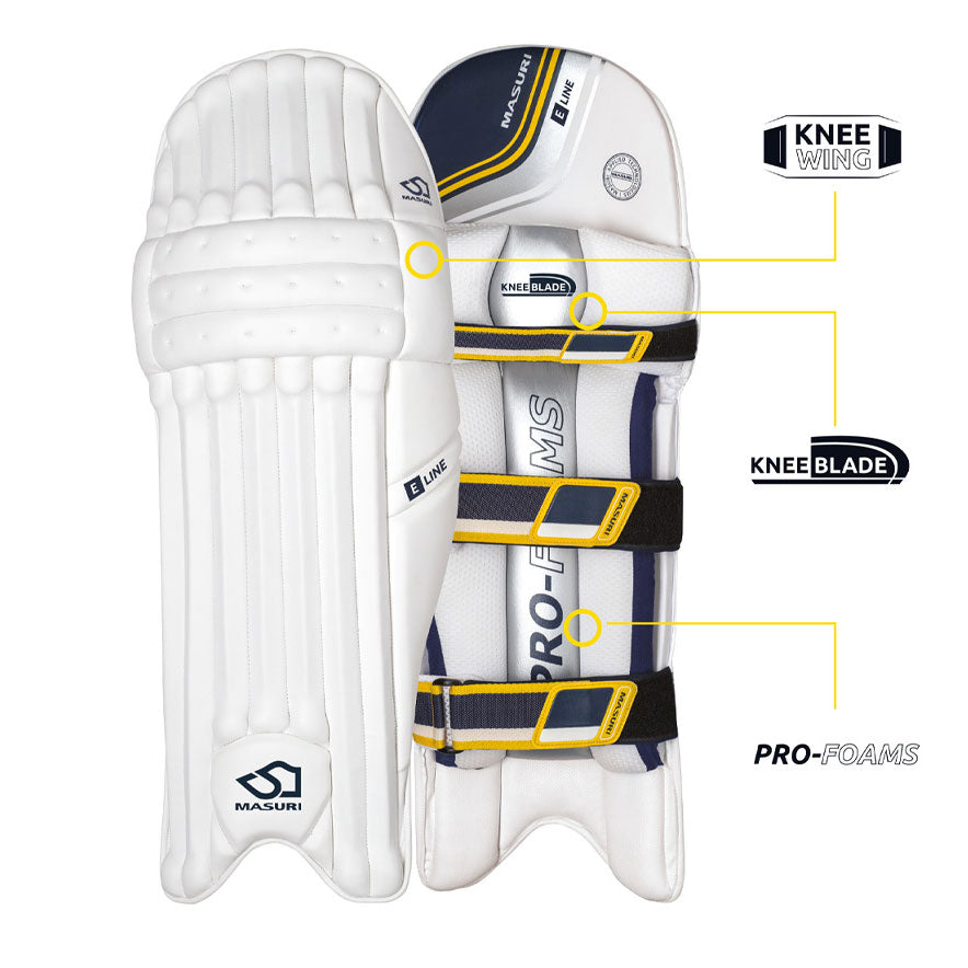 Full pair view of white Masuri E LINE Cricket Batting Pads with yellow, navy, and silver accents at Cricketer Point.