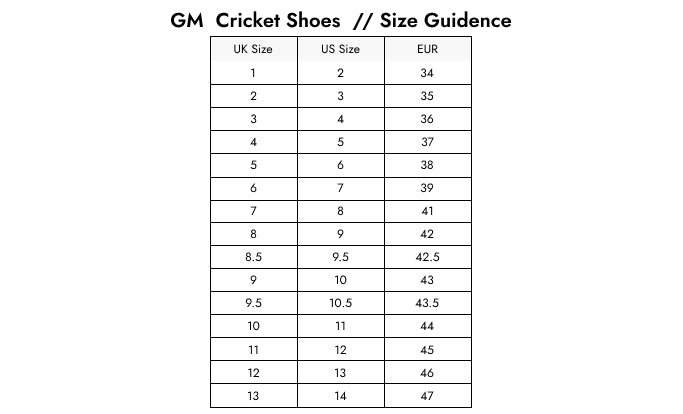 Size Guide — Gunn & Moore Aion Spike Cricket Shoes