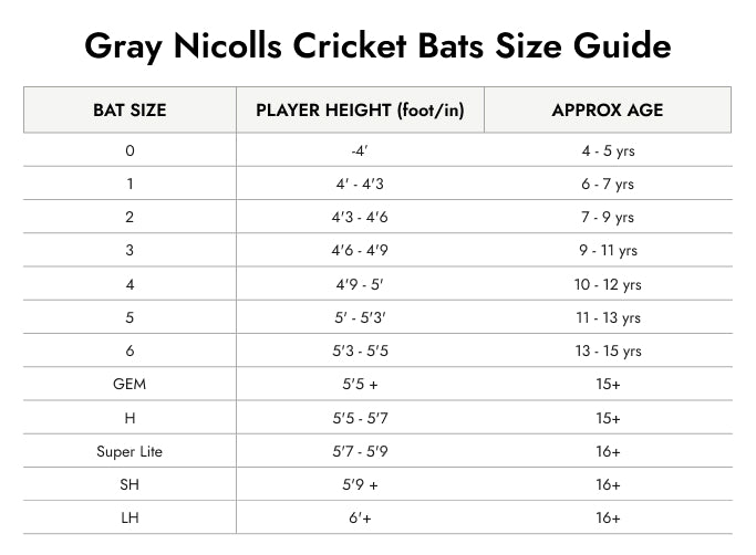Size Guide — Gray Nicolls Havoc 1.3 Thunder Kashmir willow Cricket Bat