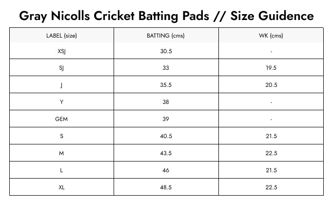 Size Guide — Gray Nicolls GEM 3.0 200 Batting Pads