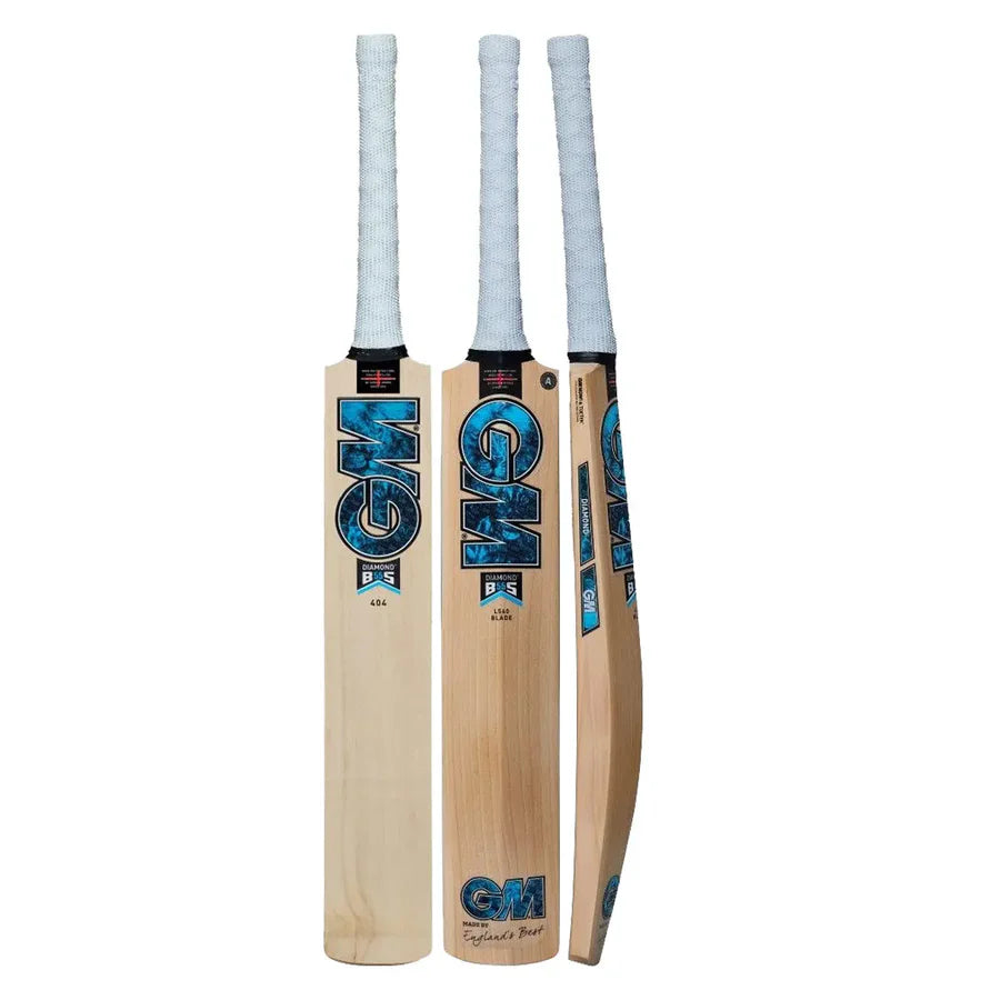 Gunn and Moore Diamond 404 Cricket Bat full front view with traditional blade and sticker design

