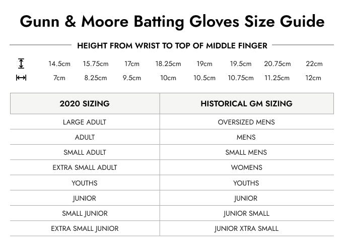 Size Guide — Gunn & Moore Mana Schlaghandschuhe Junior