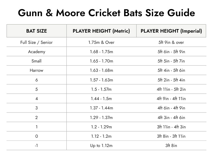 Size Guide — Gunn & Moore Diamond 101 Junior Kashmir Willow Bat