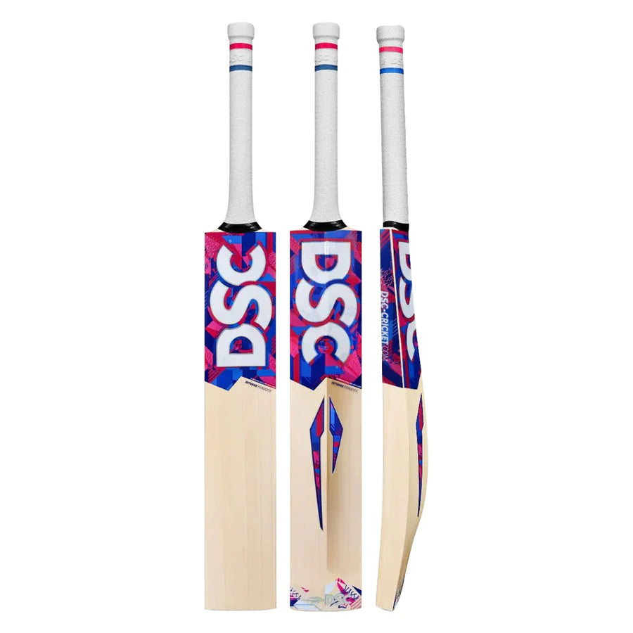 Dsc Intense Ferocity English Willow cricket bat front profile with straight grains.

