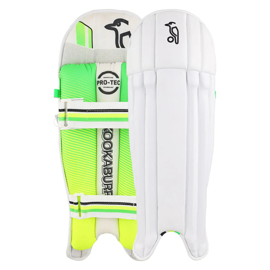 Front view of Kookaburra 4.0 wicket keeping pads showing PVC shell and strap layout.

