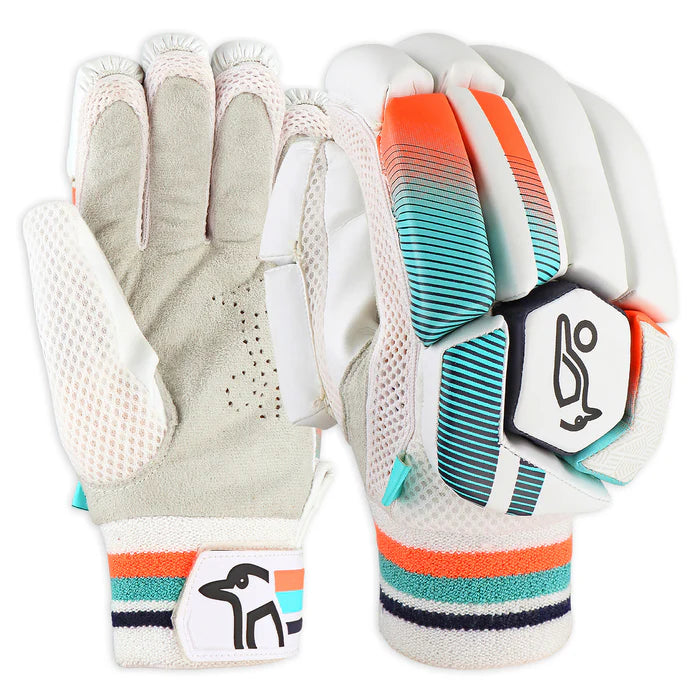 Kookaburra Aura 5.1 cricket batting gloves front view in navy and white, premium leather gloves for professional players | cricketerpoint
