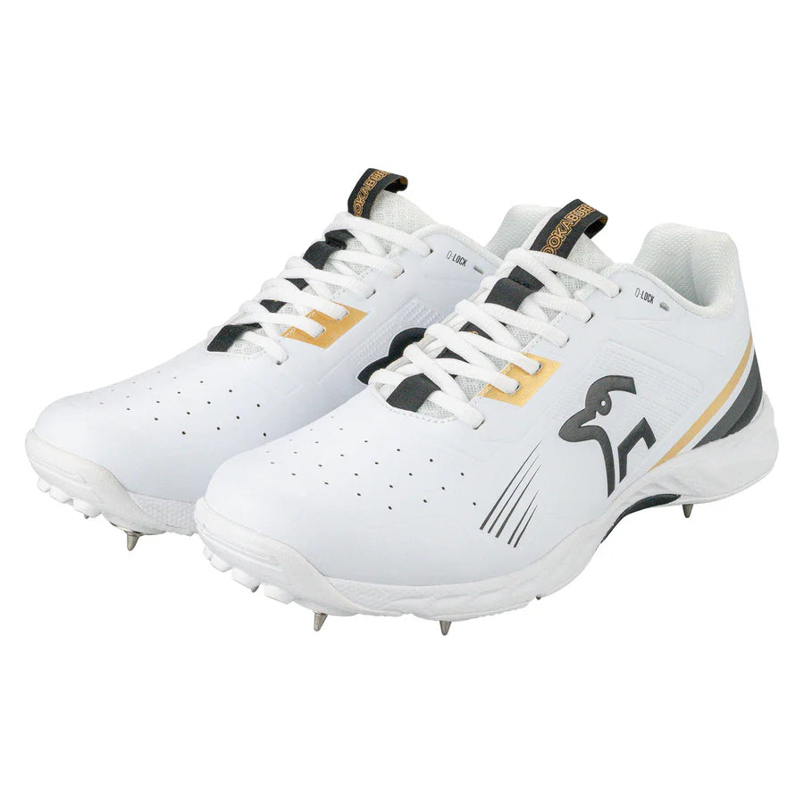 Kookaburra KC 3.0 Spike Cricket Shoes in gold and black, front view.

