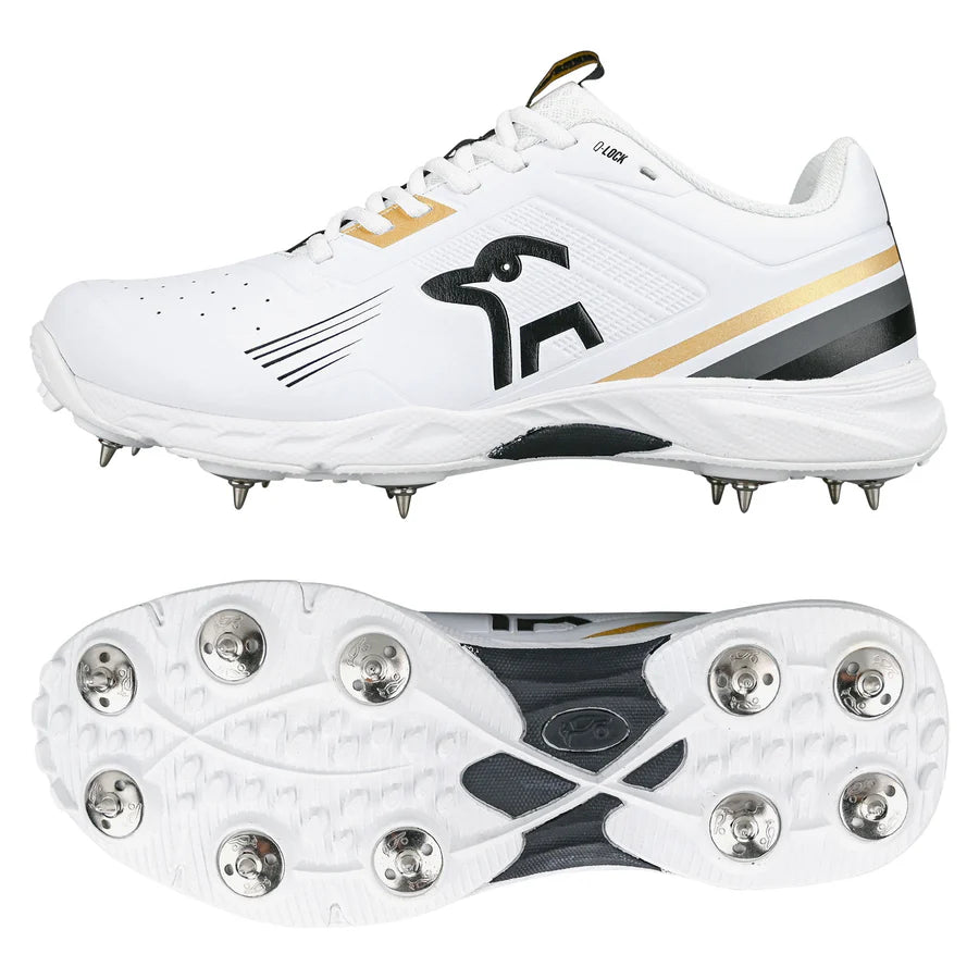 Kookaburra KC 3.0 Spike Cricket Shoes in gold and black, available at Cricketer Point.

