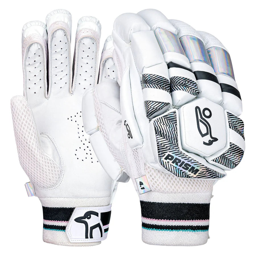 Kookaburra Prism 4.1 batting gloves front view showing sleek black design and leather palm.