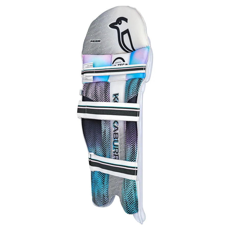 Side view of Kookaburra Prism 4.1 batting pads highlighting ergonomic fit and knee roll.

