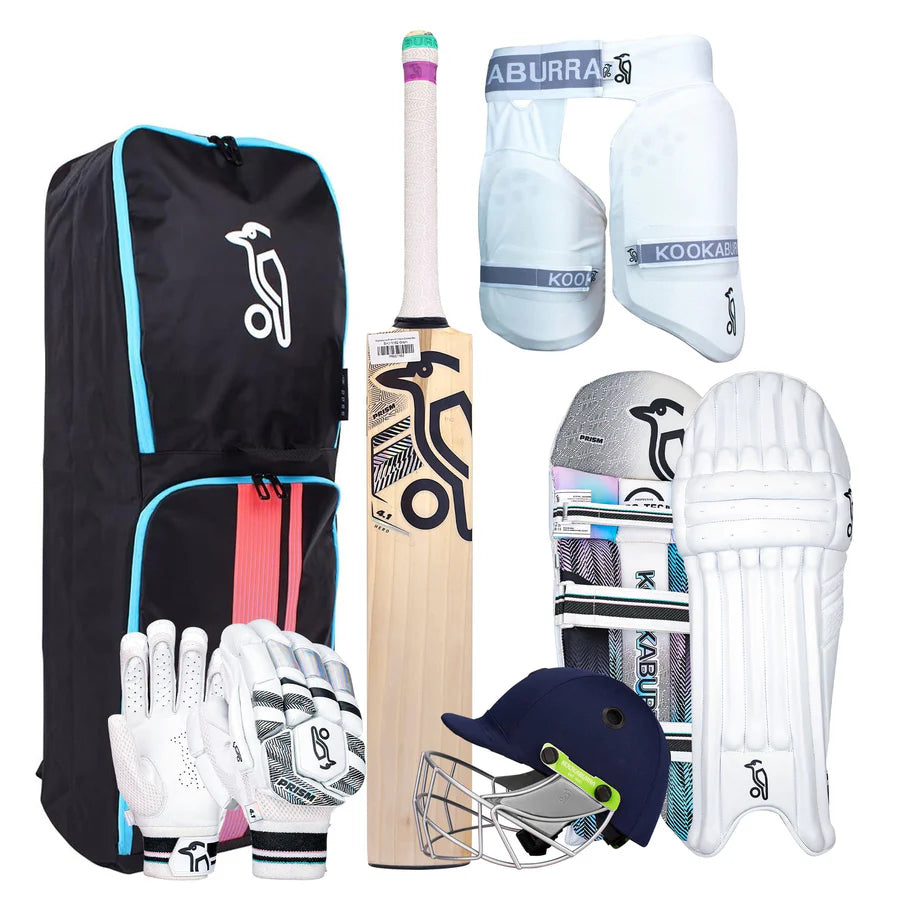 Complete Kookaburra Prism 4.1 Cricket Set With Bat laid out on grass

