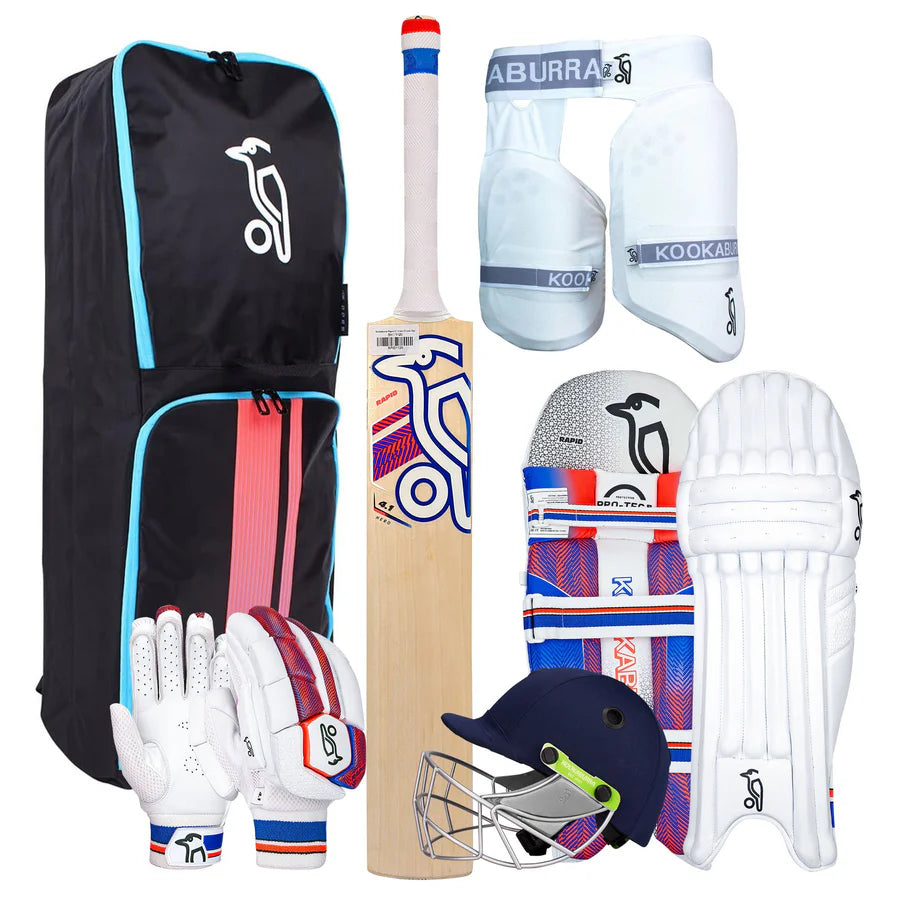 Complete Kookaburra Rapid 4.1 Cricket Set including Rapid 4.1 Bat, Batting Pads, Gloves, Pro 600F Helmet, Pro 500 Thigh Pad, and D5500 Duffle Bag Black/Purple displayed together